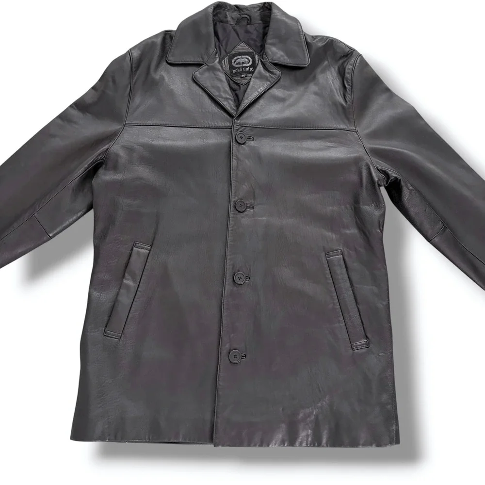 Ecko Unltd Mens M Black Leather Insulated‎ Trench Coat Vintage 90s Matrix Goth